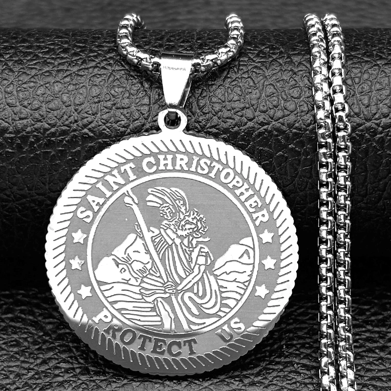 St. Christopher PROTECT US-Jesus-Anhänger-Halskette für Damen und Herren, Edelstahl, goldfarben, christliche Heilige Medaille, Kettenschmuck
