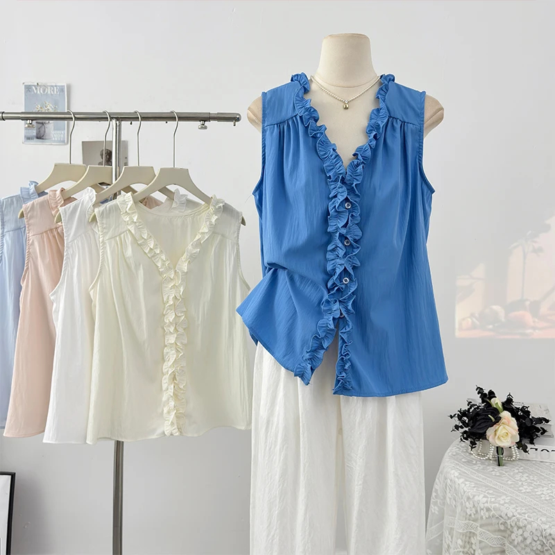 

Summer Shirts Woman 2025 Ruffle Sleeveless Shirt V-Neck Loose Casual Blusas Para Mujer Korean Blouses Elegant Chic Woman Top