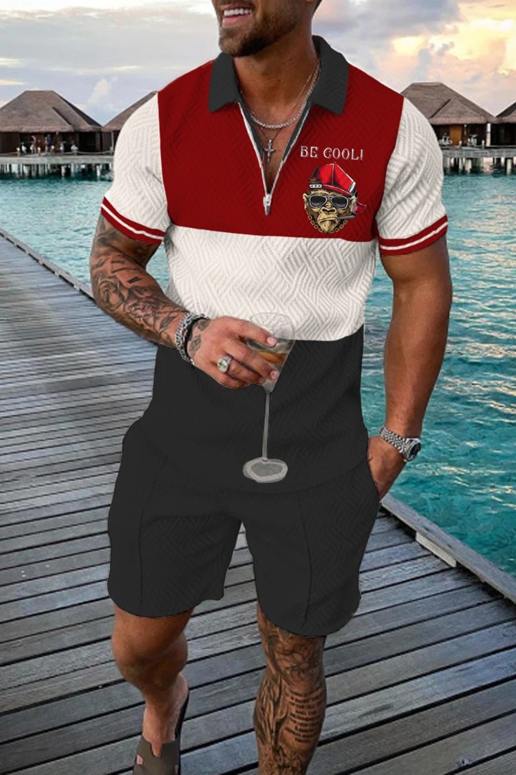 Spring and Summer Men's Suit Polyester Jacquard Craft  Casual  Fashion Red Polo Shirt   Zipper Two Piece Set