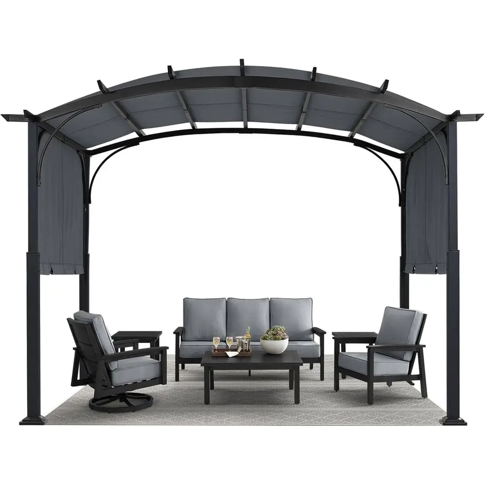 10x10 Heavy Duty Pergola with Sun Shade, Grey | Steel, Rod Slider, 2-Side Shade Adjust, Arched Ripstop, UP 50+, Fade-Resistant