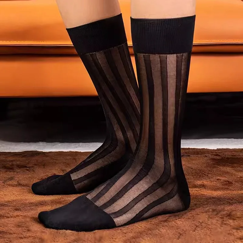 Business Men\'s Formal  Summer Nylon Europe and The United States Thick Stripes in The Long Solid Color Business Stockings Sexy