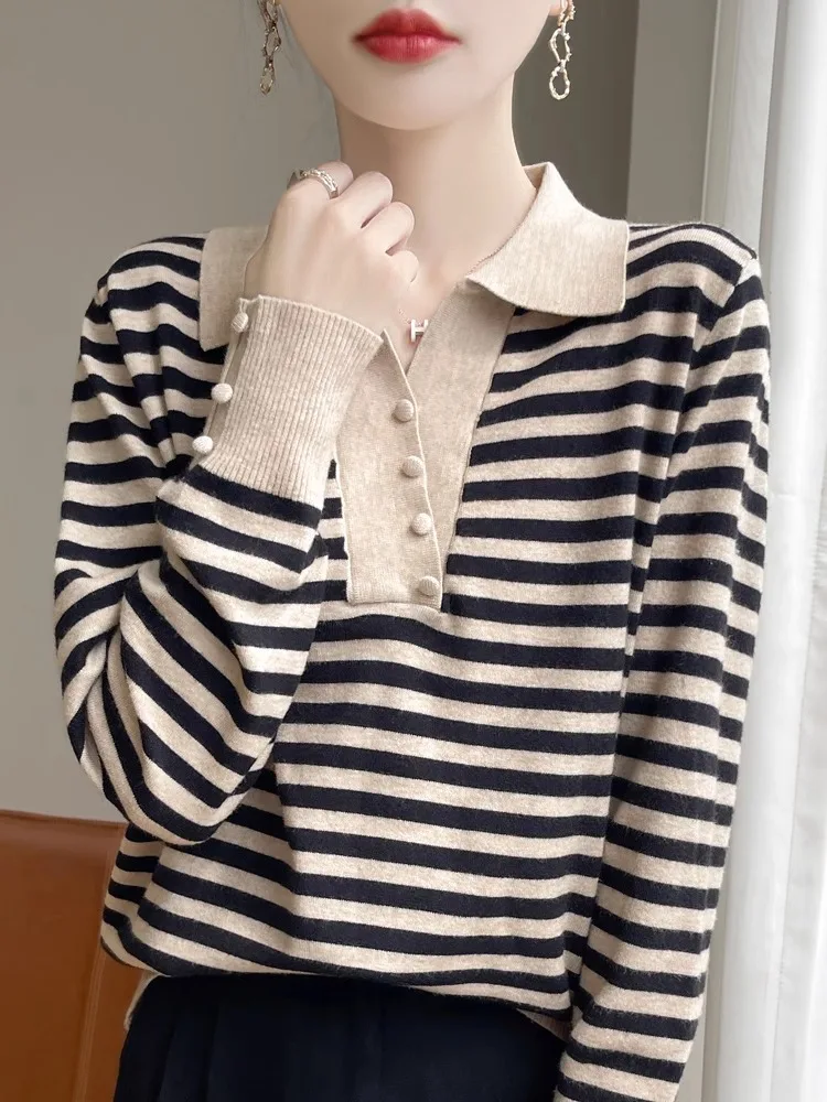 Sweater rajutan wanita lengan panjang longgar motif garis kerah tinggi, model baru musim gugur, luaran, atasan, kaos, lapisan dasar musim semi