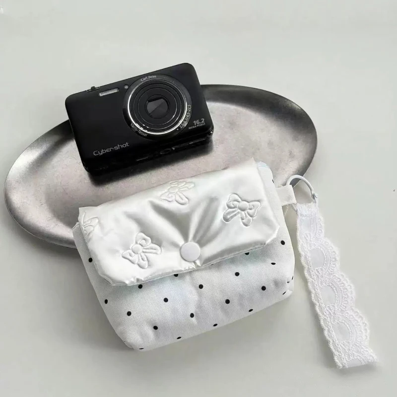 Cute Polka Dot Camera Pouch Korean Bow Pattern Flip Coin Purse Lace Wrist Strap Shock‑proof Mini Storage Bag