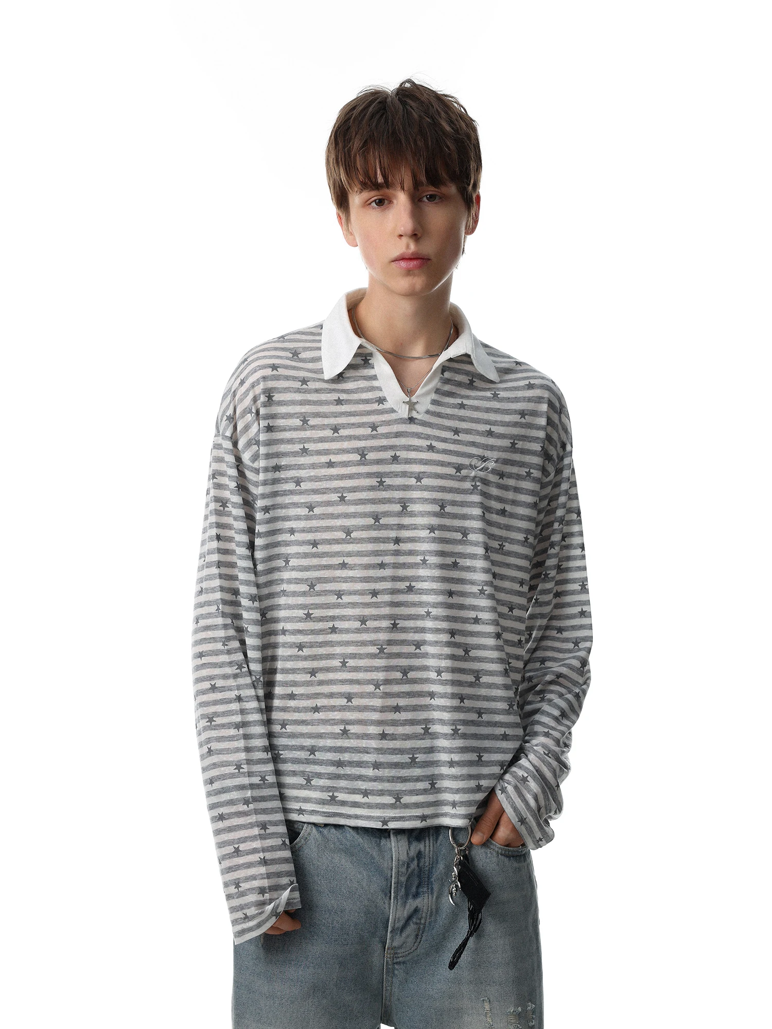American Retro Striped Embroidery Long Sleeve T-Shirt Men's Loose Casual Covering Shirt Trendy Turn-down Collar Comfortable Fit
