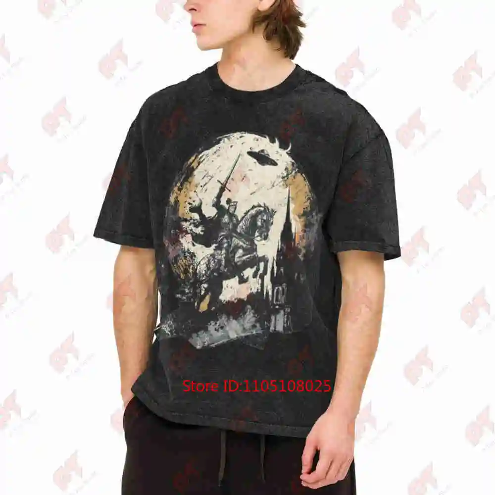 Medieval Knight UFO Vintage Alien Invasion Retro Gothic Fantasy Sci Fi Vintage Washed Tee Pure Cotton T-Shirt