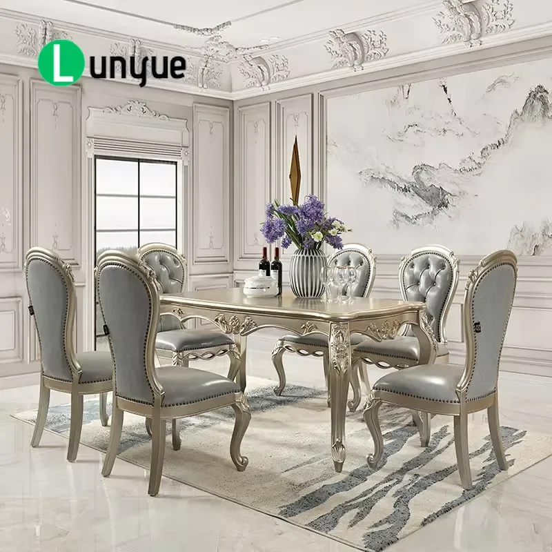 European Neoclassical Solid Wood Oval Dining Table Set with 6 Leather Chairs Luxury Finish for Home Dining Room Furniture