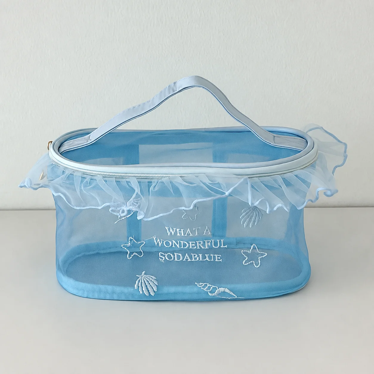 Ruffled Mesh Bag Hollow Out Embroidered Cosmetic Bag Fashion Storage Bag Handheld Cosmetic Samples Pouch For Daily Use Women