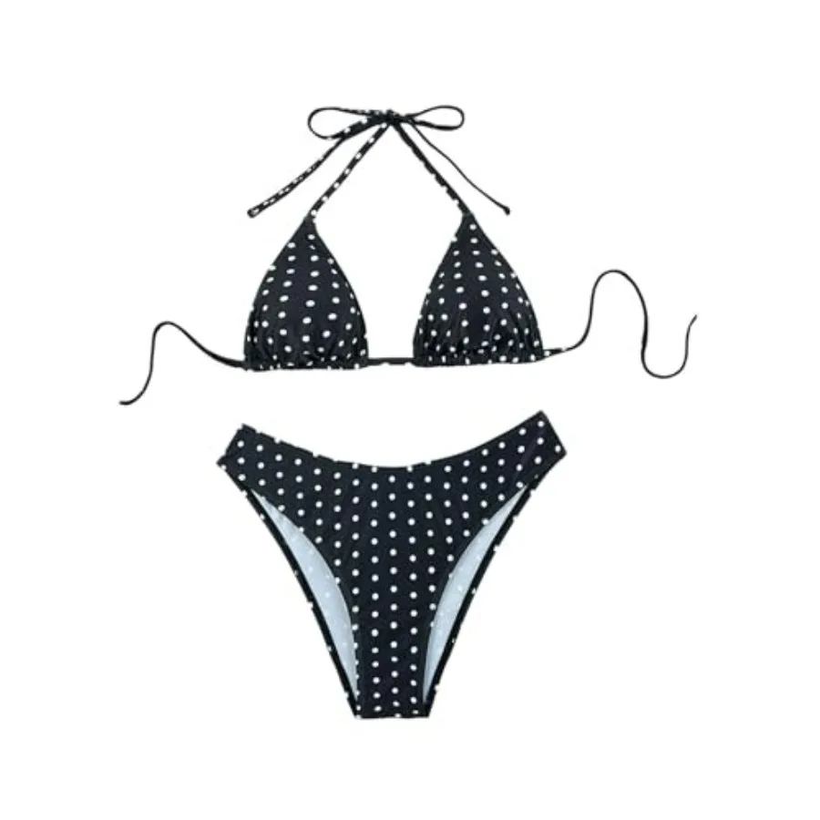Verdusa Women's 2 Pcs Polka Dots Halter Bikini Set Tie Backless High Cut Swimsuit Bathing Swimwear