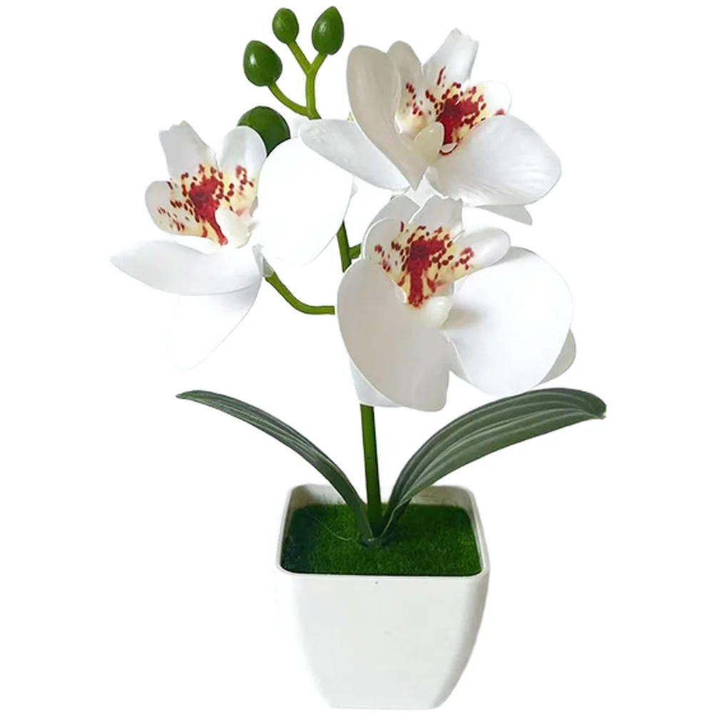 Realistic Fake Phalaenopsis Orchid Plant in Square Ceramic-Style Pot for Living Room Bedroom Tabletop Decoration