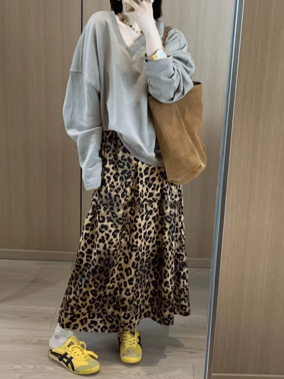 Faionable Frühling Sommer Dongdaemun Leopardenmuster f Rock Damen elastische Taille Sli langen Rock hohe Taille Polyester F...