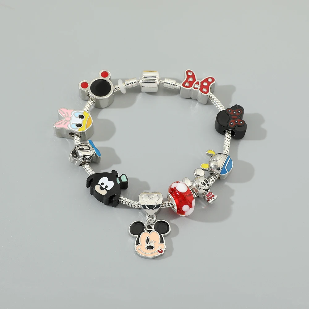 New Cute Mickey Minnie Pink Crystal Beads Bracelet for Women Girls Silver Color Bracelet Jewelry Gift