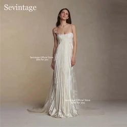 Sevintage 보호 레이스 웨딩 드레스, 인어 드레이프 플리츠 신부 가운, 스파게티 스트랩, 웨딩 드레스, 백리스 기차, 2024