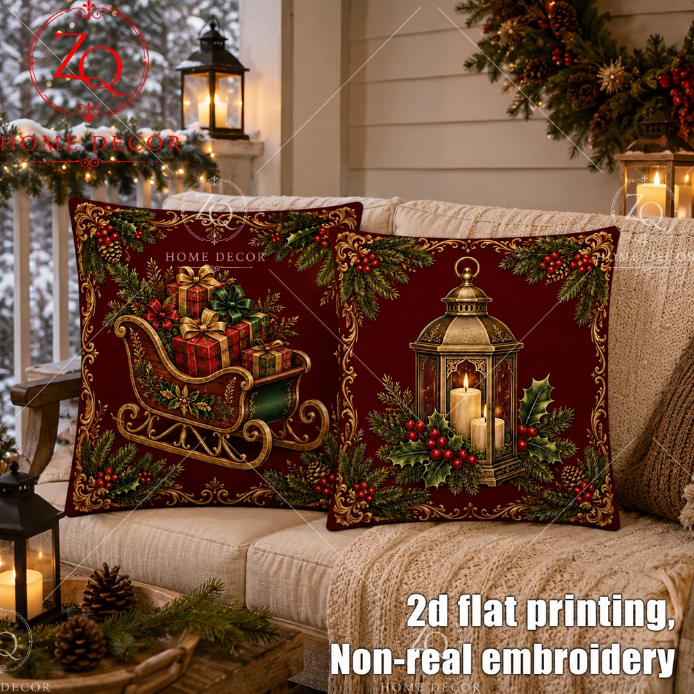Christmas Pillow Covers Vintage Santa Sleigh Lantern Xmas Decor Throw Pillow Cases For Bedroom