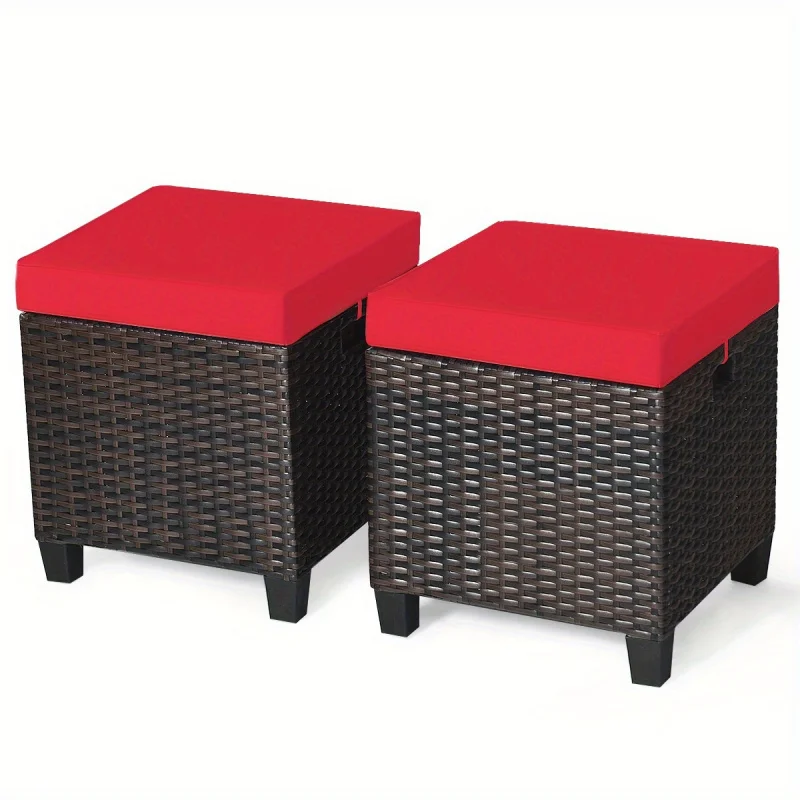 Lifezeal Two-Piece Set Courtyard Rattan Footstool With Cushion Seat  Tea Table Red