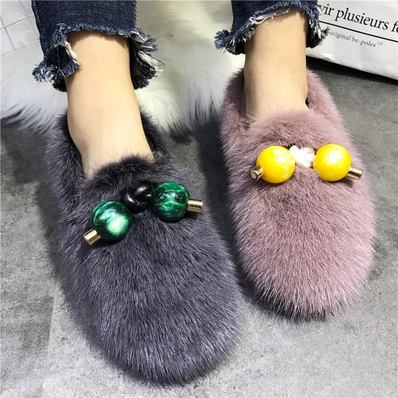 Real Mink Fur Women Casual Flats 2024 New Winter Warm Fur Shoes Comfortable Moccasins Ladies Flat Espadrilles Driving Loafers