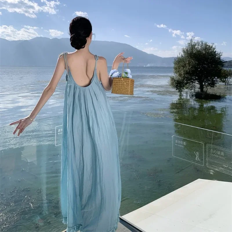 One Piece Midi Holiday Tassel Dresses Women Long Female New Clothing French Fashion Summer Blue Simple Boho Choice Offers Dress