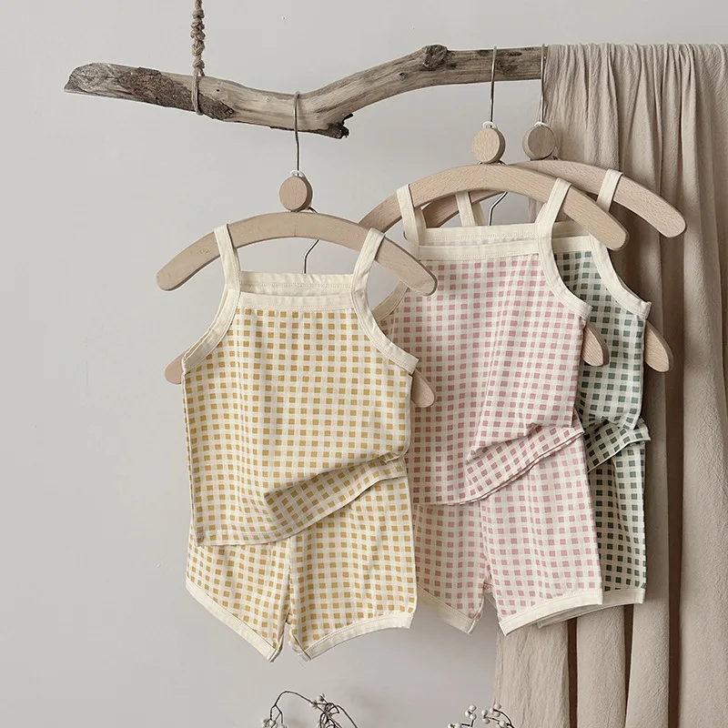 2025 Korean Style Baby Girl Checkered Bodysuit for 0 - 2 Years Old Summer Suspender Soft Elastic Cotton Infant Romper