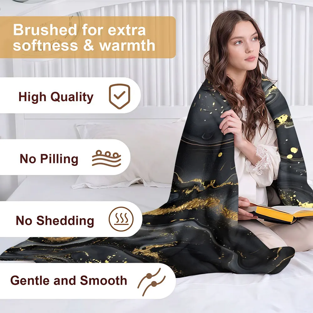 Black Gold Liquid Marble Soft Warm Flannel Blanket Lightweight Cozy Christmas Halloween Home Decor Room