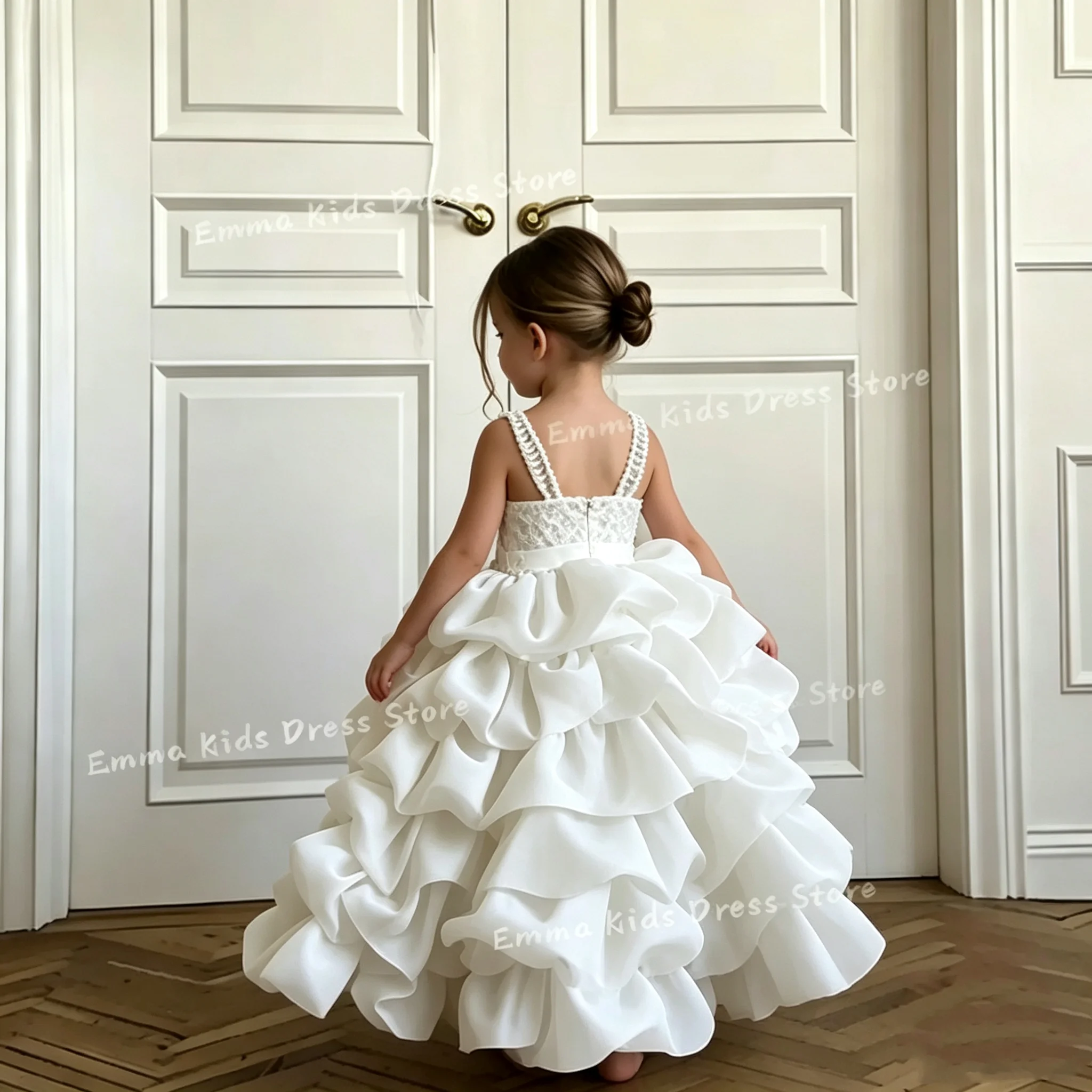 Customized Luxury Layered Flower Girl Wedding Dress Sequined Ruched Ruffle Sleeveless Baby Girl Princess Birthday Party Dress