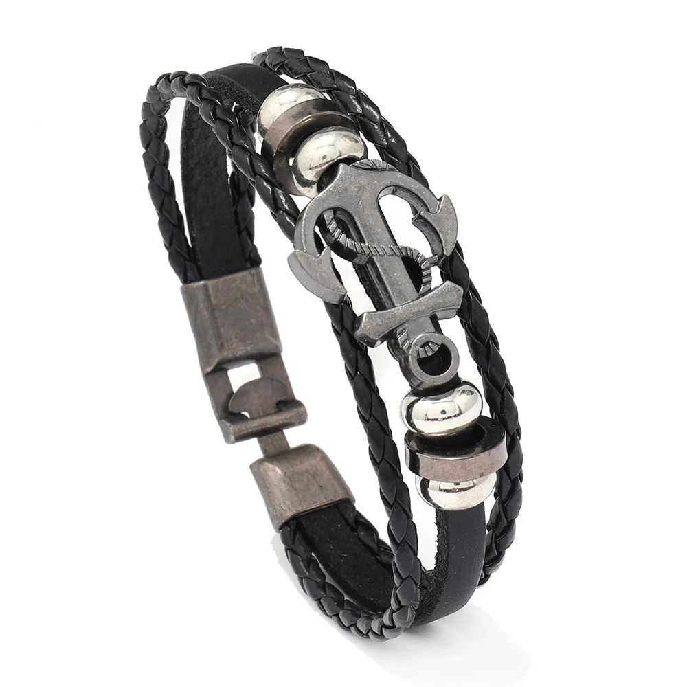 Cool Anchor Bracelet for Men Cowhide Leather Back to School Braided Wristband Sailor Accessory