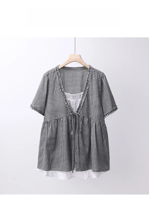 

plus Size Women's Casual Style Shirt Breathable Cotton Short Sleeve Plaid Loose Top for Teenage Girls Summer Fashion Single P...