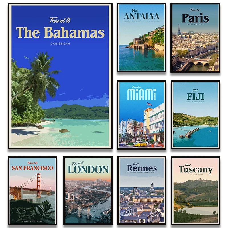 Affiches imprimées sur toile de villes touristiques célèbres : Paris, Bahamas, Londres, Austin – Tableaux décoratifs sans cadre pour salon