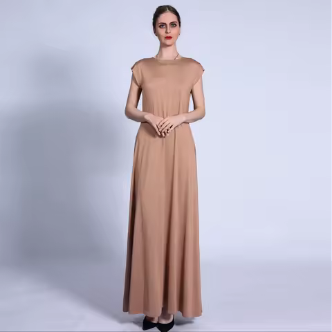 Muslim Women Long Dress Solid Short Sleeve O Neck Party Night Evening Dress Elegant Islam Dubai Mid East Turkey Vestidos Largos