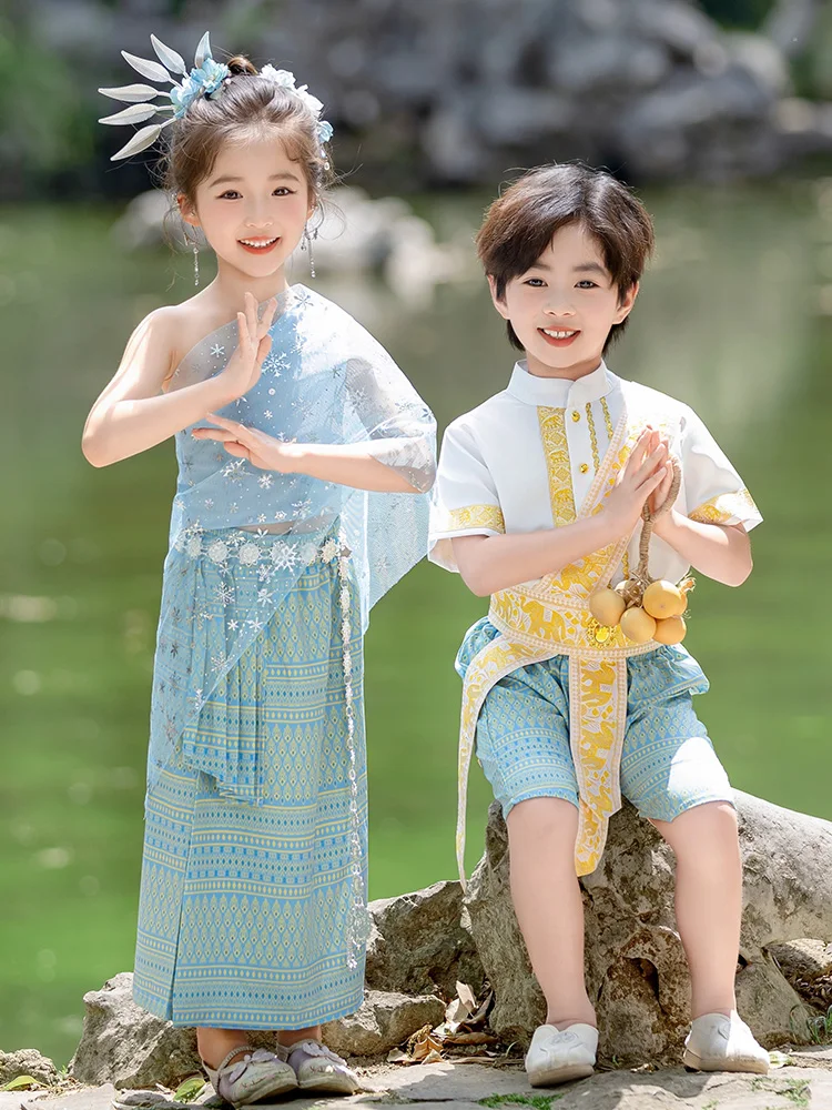Boys Girls Ethnic Dai Children Performance Clothes Summer Outfits Water Festival Six One School Performance Cotton Blend Fabric