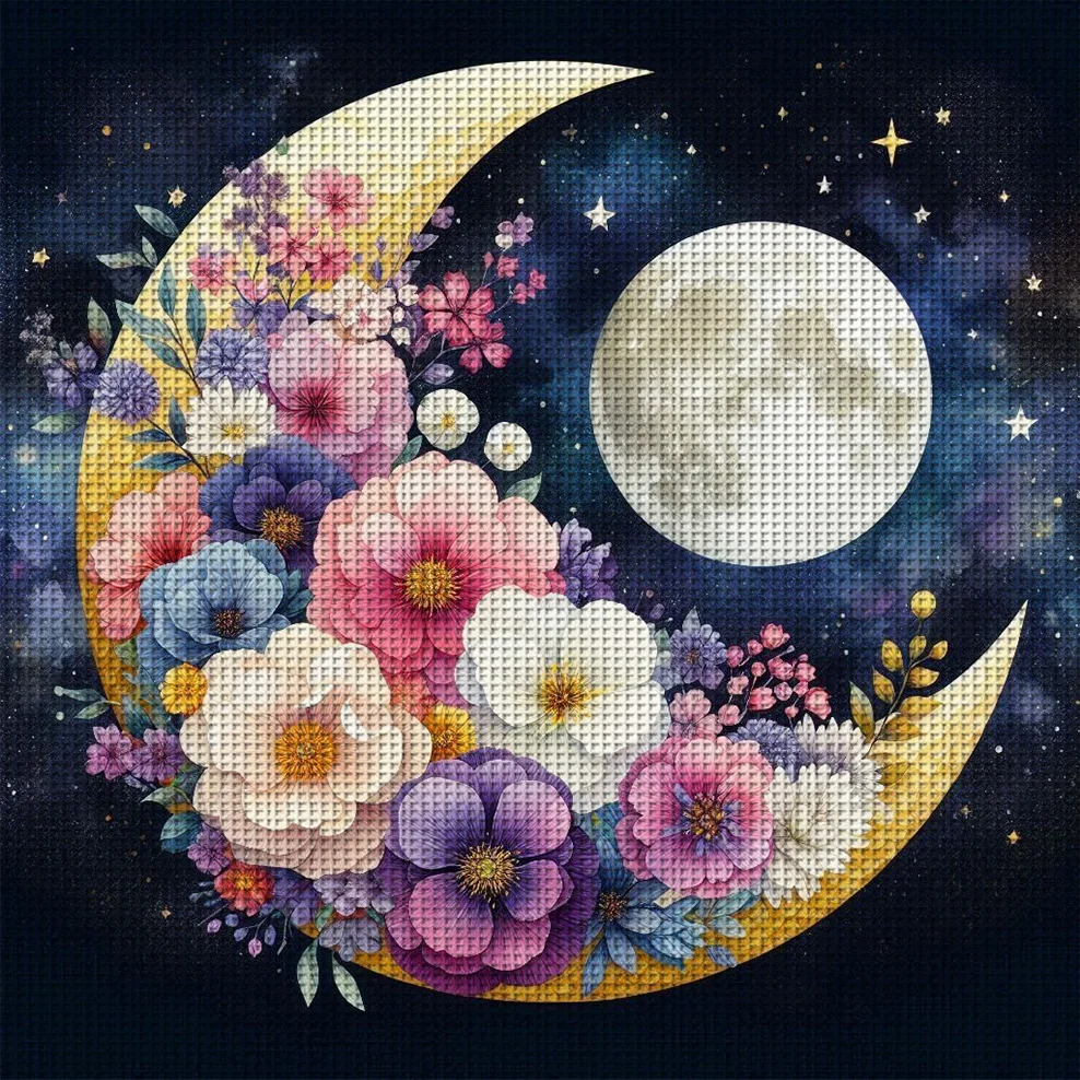 Moon's Flower Realm Kreuzstich-Set zum Selbermachen, 11CT-Stickerei, Heimwanddekoration, Geschenk, handgefertigtes Material, rahmenlos, halbfertig, 36 x 36 cm
