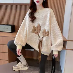 Fashion Loose O-Neck Spliced Lace Up Cartoon Sweatshirts Female Clothing 2023 Winter Oversized Casual Tops Korean Sweatshirts