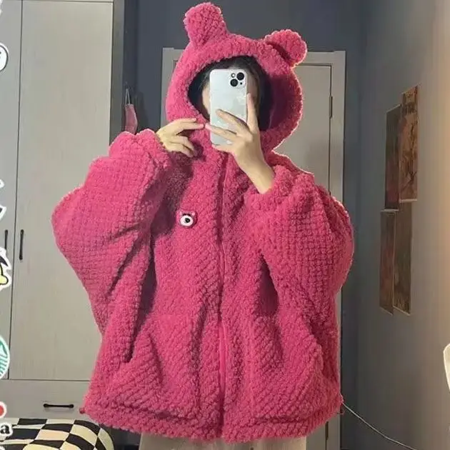 Pull à Capuche en Poils d'Agneau pour Fille, Manteau d'Hiver à la Mode, Dessin Animé, Chapeau Décoratif, Vêtements d'Étudiant en Peluche Optique, Veste Décontractée à la Taille