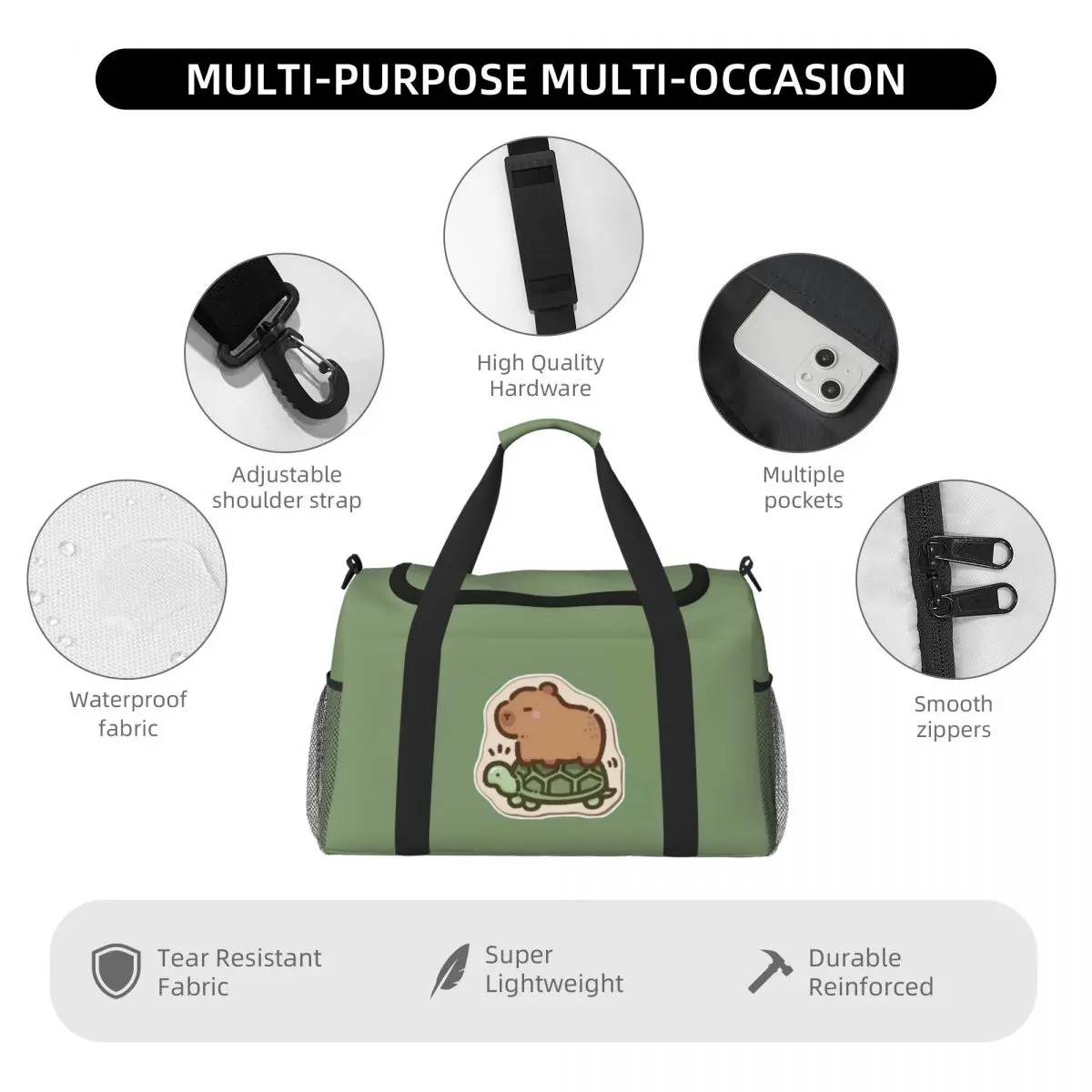 Capybara Riding A Turtle Portable Travel Bag,Large capacity sports Gym Bag, Lightweight carry on Luggage Duffle Bag coach Bag