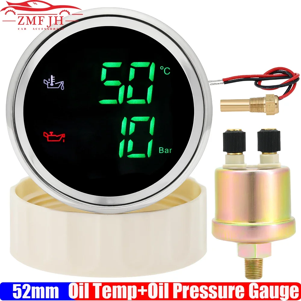 Digital 2 IN 1 Oil Temperature+Oil Pressure Gauge Green Red LED 52mm Gauge with Oil Press/Oil Temp Sensor for Car Boat 12V 24V