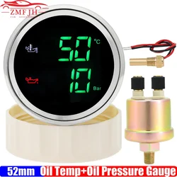 Digital 2 IN 1 Oil Temperature+Oil Pressure Gauge Green Red LED 52mm Gauge with Oil Press/Oil Temp Sensor for Car Boat 12V 24V