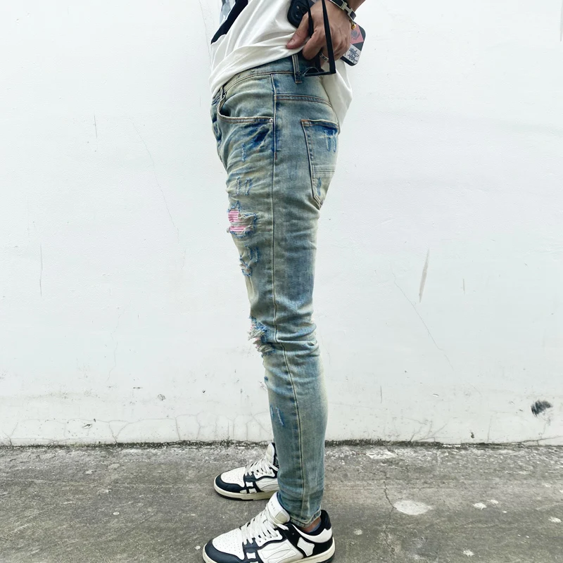 

Y2Kdesigner high street fashionY2K light blue jeans stretch slim fit washed jeans red patch hip-hop brand pants Hombre