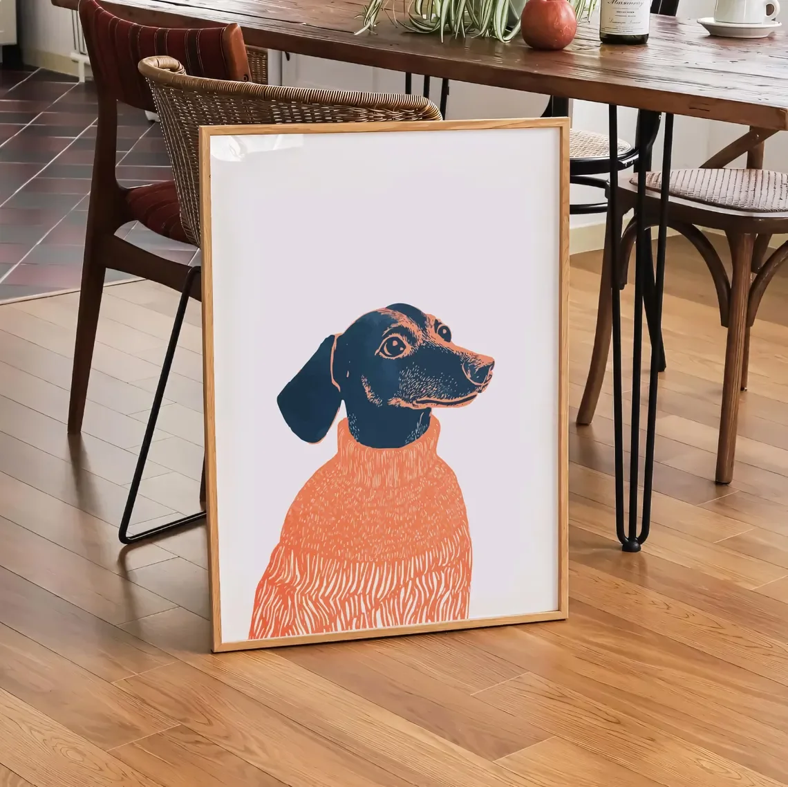 Charming Sweater Dachshund Linocut Wall Art - Timeless Print Celebrating Canine Style. The Soft Off-White Backdrop and Bold Bloc