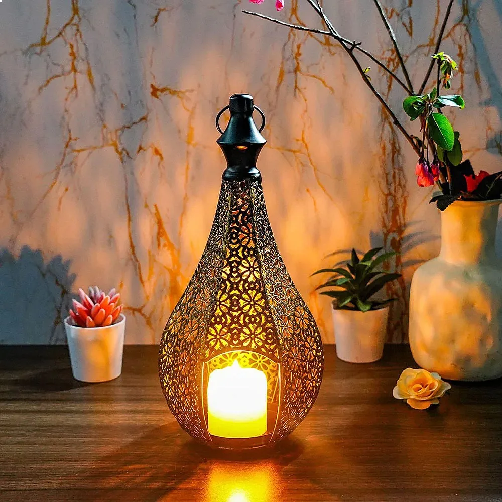Moroccan Lantern Candle Holder, Iron Hollow-Out Vintage Home Decor Craft Ornament, Wall Hanging Pendant Light