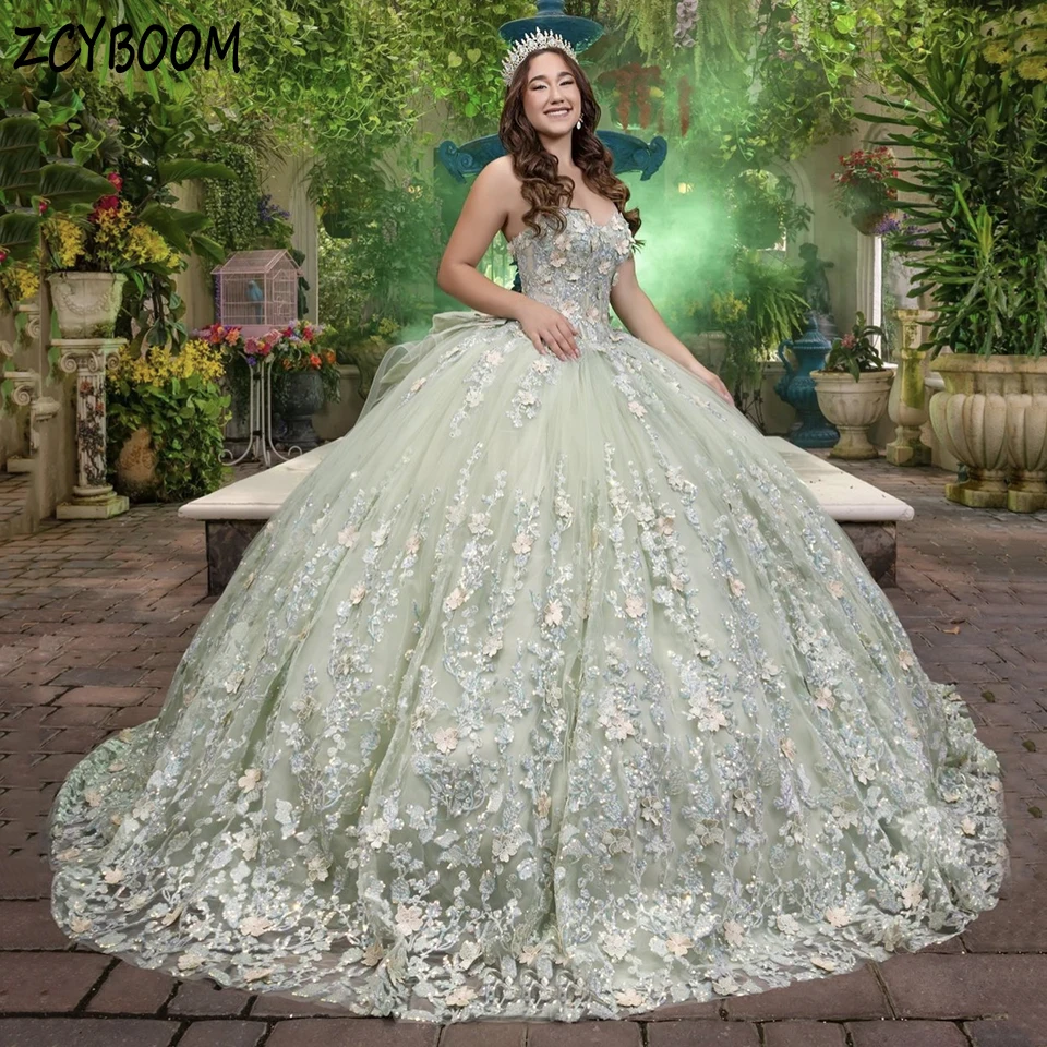 

Роскошное вечернее платье Quinceanera с открытой спиной и цветами в форме сердца, расшитое бисером, 2025, бальное платье длиной до пола, платье для выпускного вечера с бантом и шлейфом