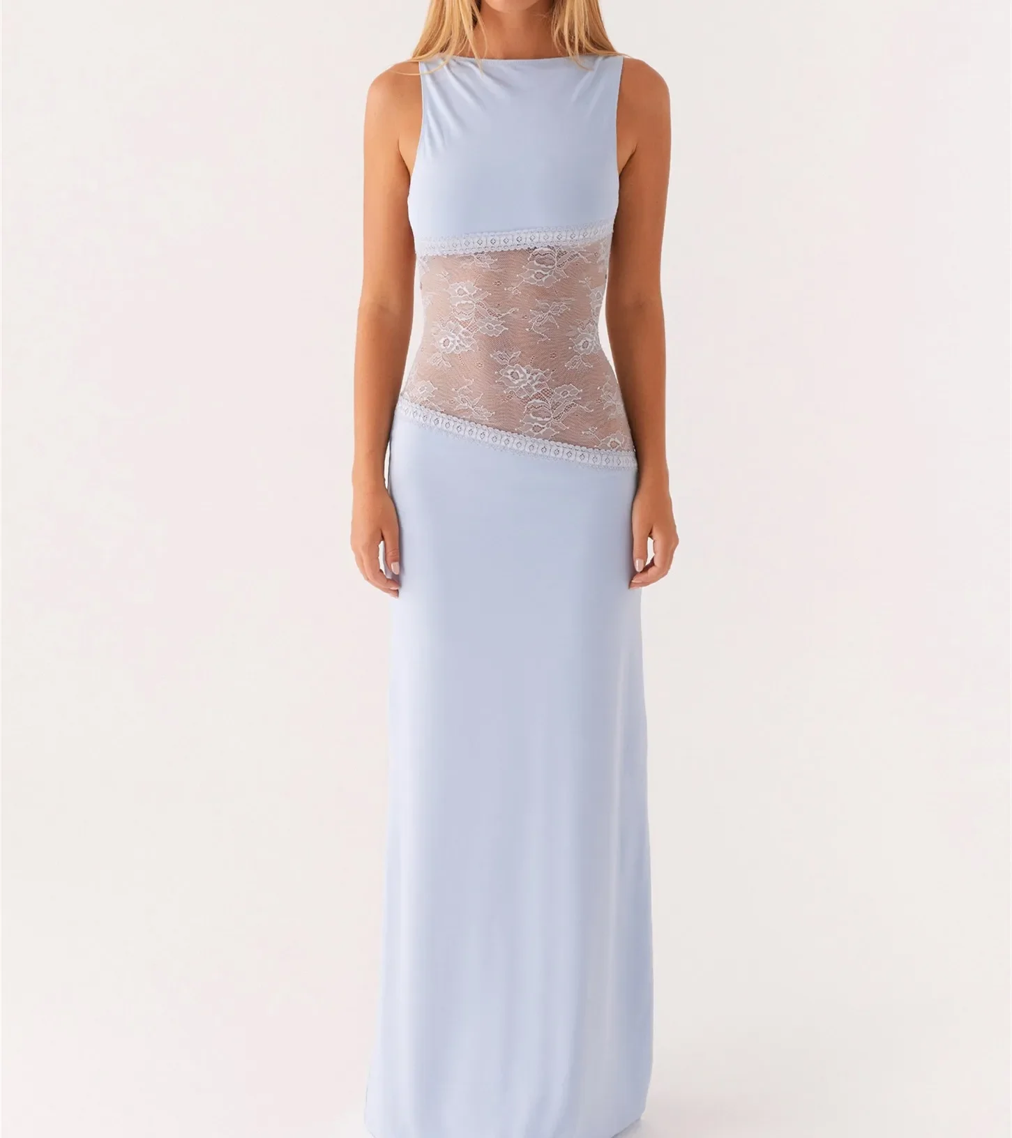 Dames Bodycon Maxi-jurk Kant Patchwork Mouwloos Ruglooze Lange Kokerjurk Y2K Slim Fit Club Party Trouwjurken