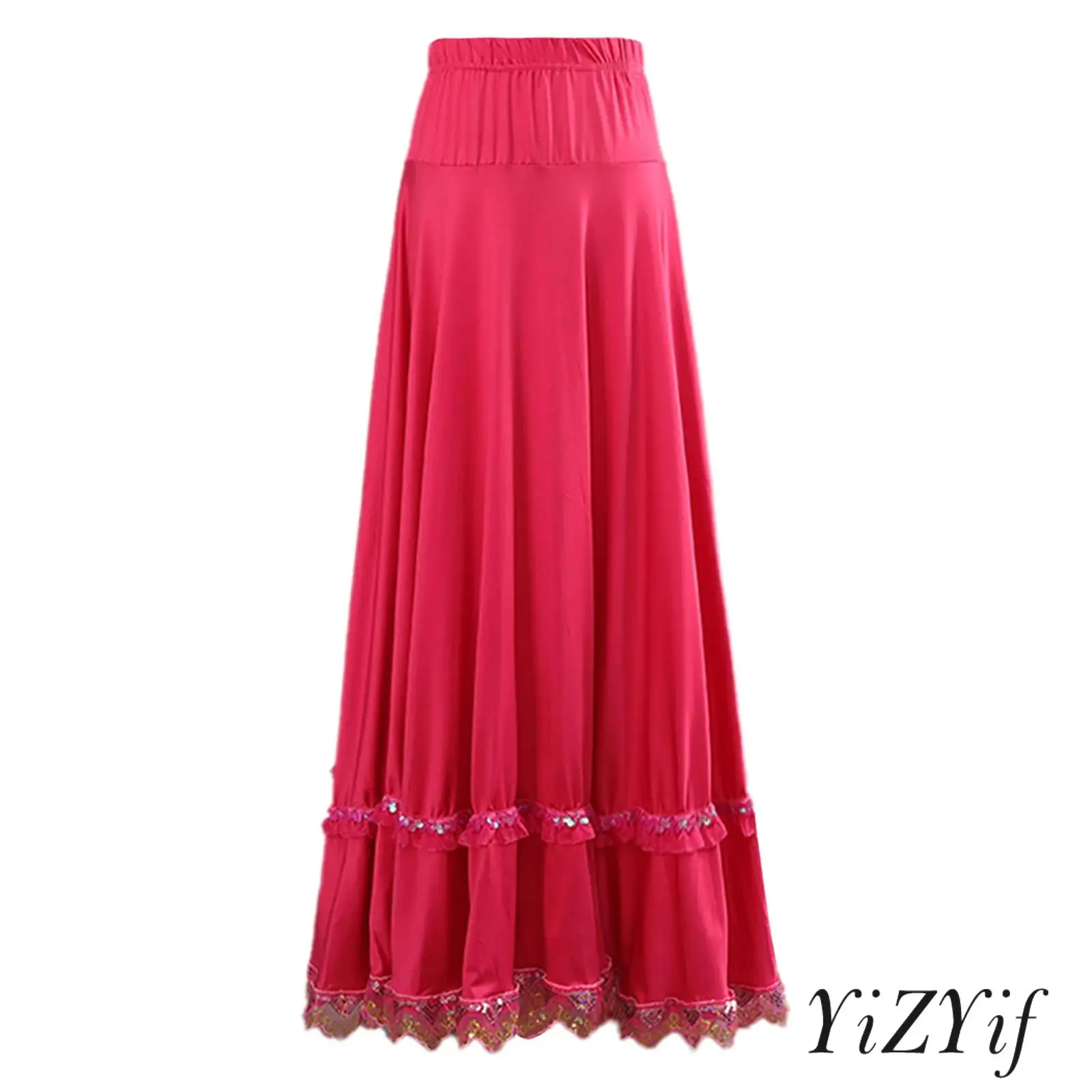 Damska spódnica do tańca towarzyskiego z koronkowym wykończeniem, elastyczną talią, zwiewna, pełna, z pełnym okręgiem, idealna do występów flamenco i na imprezy.