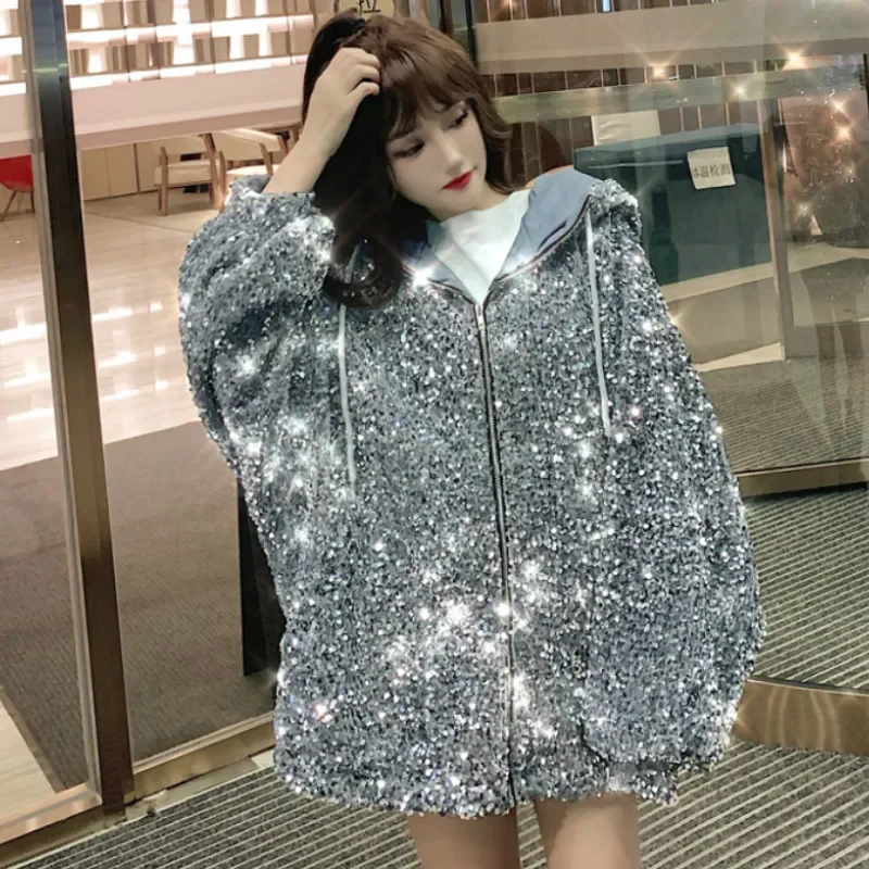 Women Sequined Bomber Jacket Streetwear Casual Shiny Beaded Zipper Hooded Sequins Cardigan Drawstring Dance Crop Tops Chaqueta