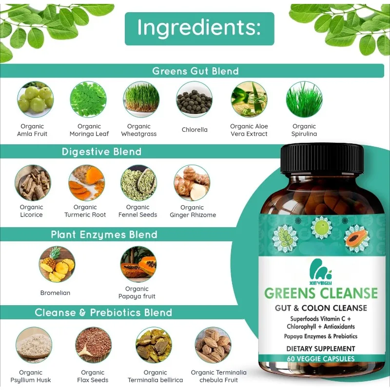 Cúrcuma, papaya, clorofila, Moringa, Plantago asiática, enzimas digestivas del trifáforo - limpieza del colon de digestión intestinal