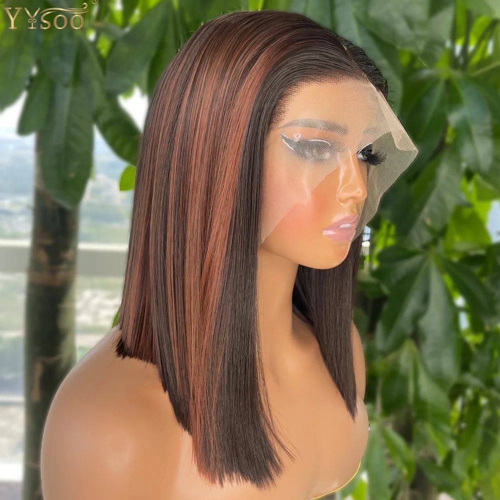 YYsoo Short Ombre Highlight Color Futura Hair 13x6 Straight Synthetic Lace Front Bob Wig For Black Women Pre Plucked Hairline