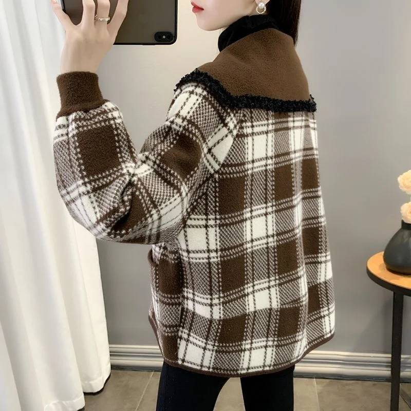 Fall/Winter New Woolen Coat Women Short Small Fragrance Plaid Cardigan Outwear Horn Button Double-Sided Woolen Jacket Female Top