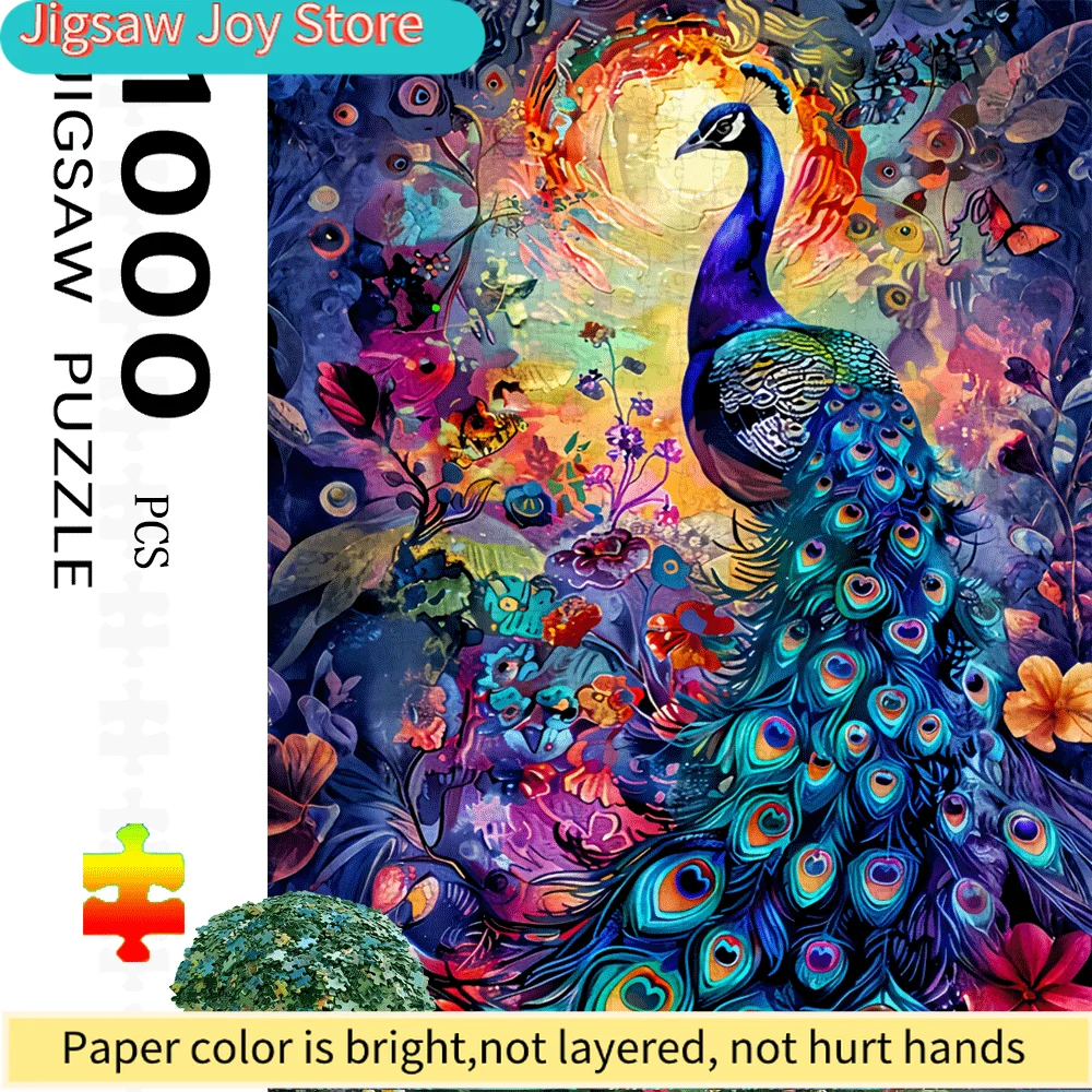

Пазл с абстрактным изображением животных, 1000 деталей - Яркий дизайн с павлином и цветочными узорами, сложные схемы, многоцветный 3D-эффект, премиум-качество
