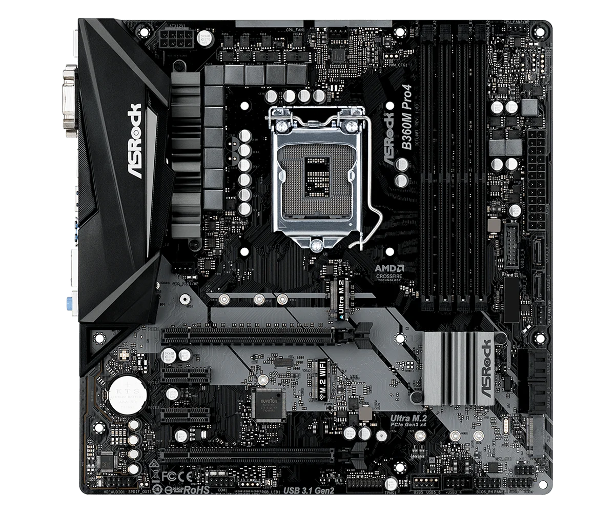 Tarjeta Madre Asrock B360M Pro4, Intel B360, Socket 1151, DDR4 2666, 128GB Ultra, M.2 Micro ATX, Compatible con CPU i7-9700, i5-9400F, i5-8500