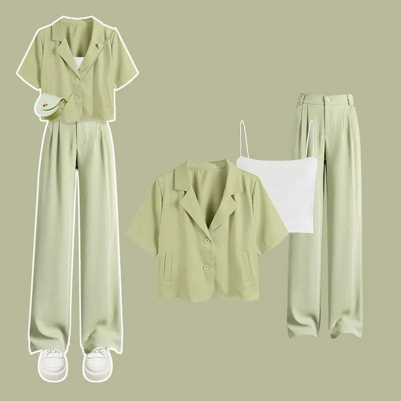 Women\'s Summer New Casual Short-sleeve Top Pants Matching Set Korean Elegant Thin Coat+suspender+suit Wide Leg Trousers 3 Piece