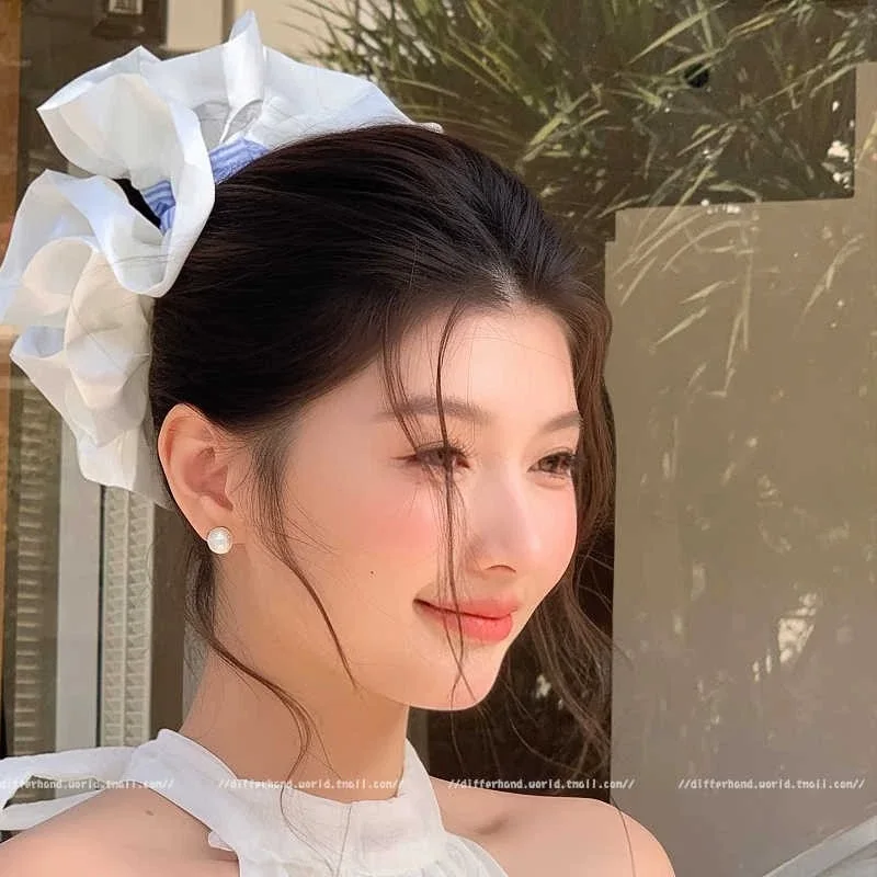 Extra large cream ballet style satin lace large intestine headband with blue stripes hair string Korean sweet hair accessories