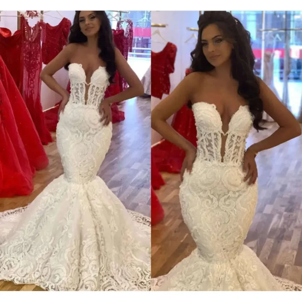 

Elegant Luxury Wedding dress Mermaid Sexy Beaded Vintage V-Neck Plus Size Beach Bridal Dress Church Train Open Back Customized
