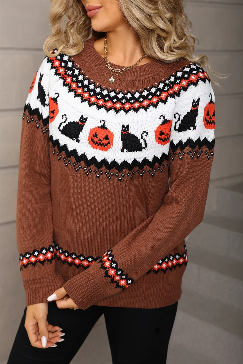 2025 Winter New Women's Clothing European and American Knitted Christmas Sweater Halloween Personalized Top
